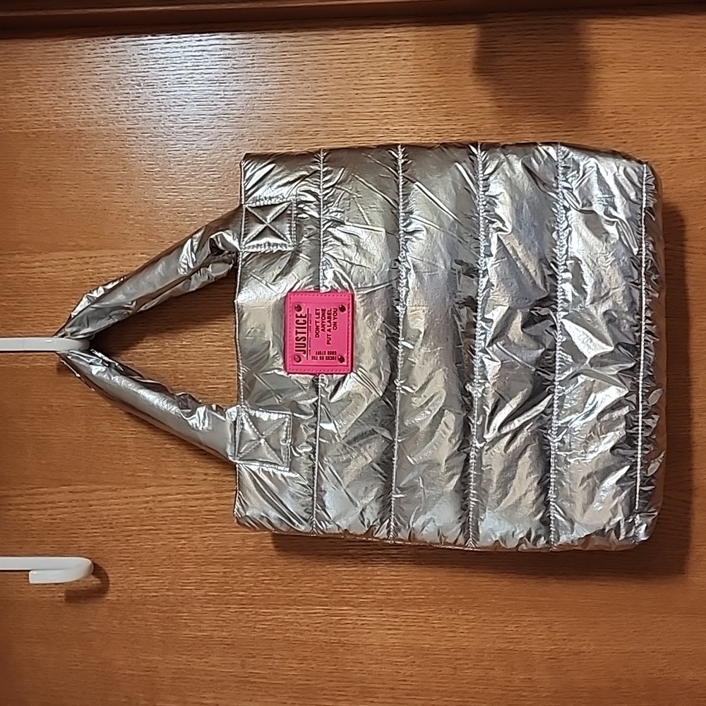 Justice Silver Chrom Puffer Puffy Tote Bag